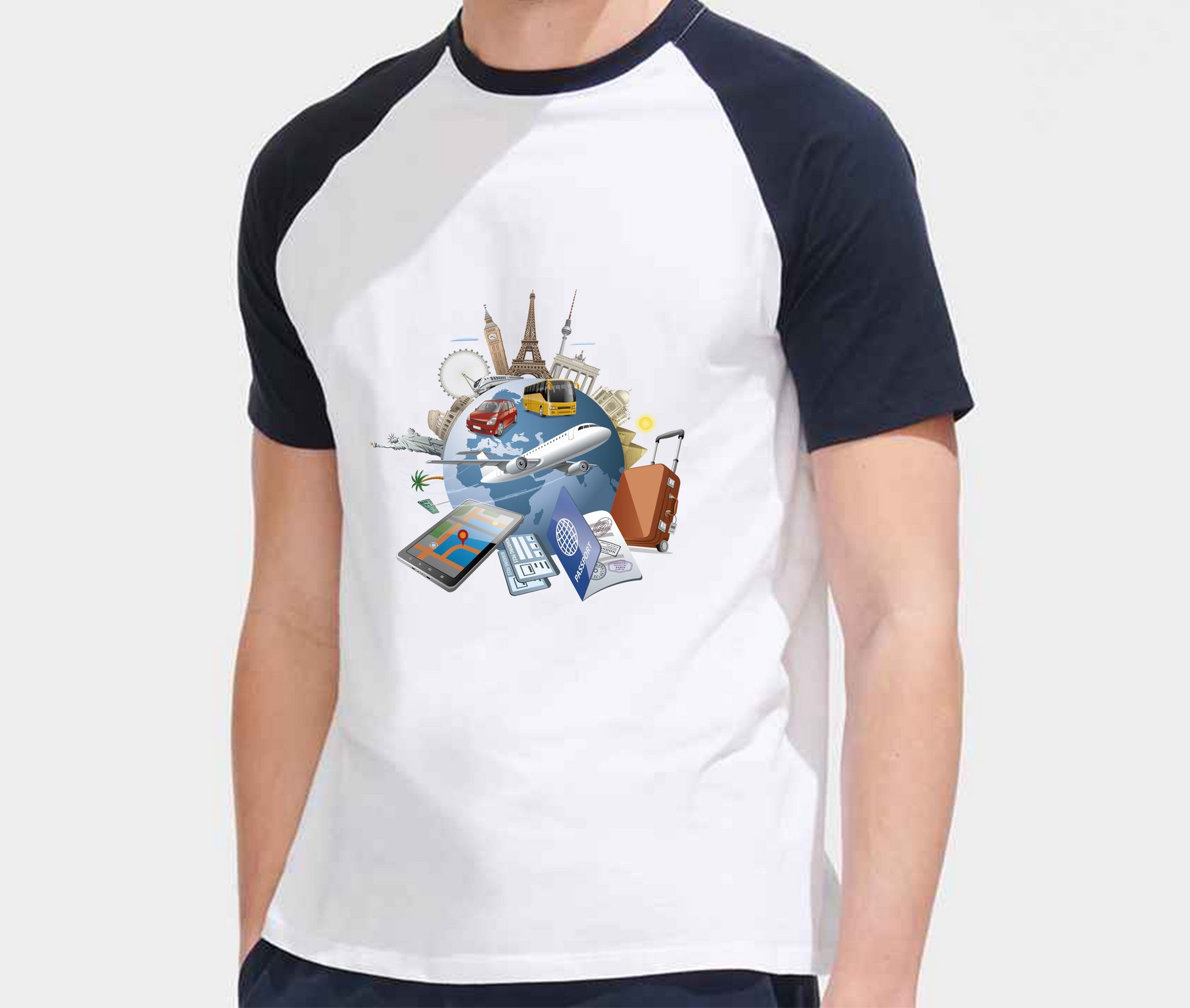 Centered travel graphic print on men's holiday cotton baseball t-shirt
