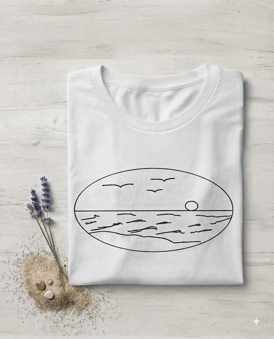 A folded white short-sleeve T-shirt with a simple black line drawing of a beach scene.