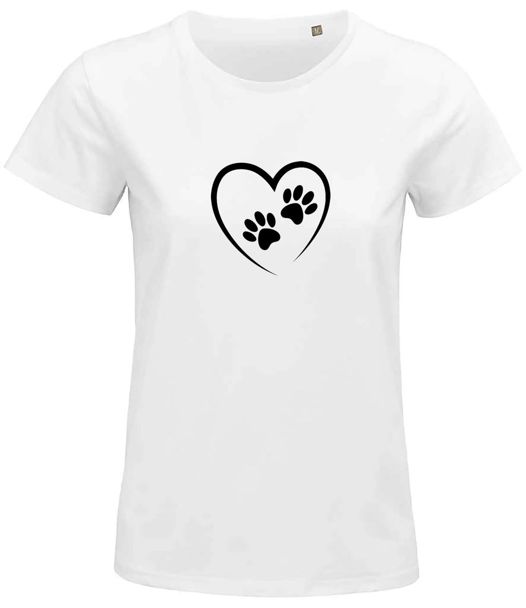 Small printed heart paw print on the center chest of a women's cotton t-shirt