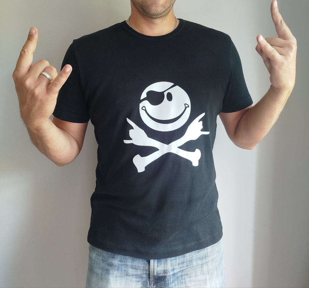Men's black 100% cotton t-shirt with a white pirate smile graphic print