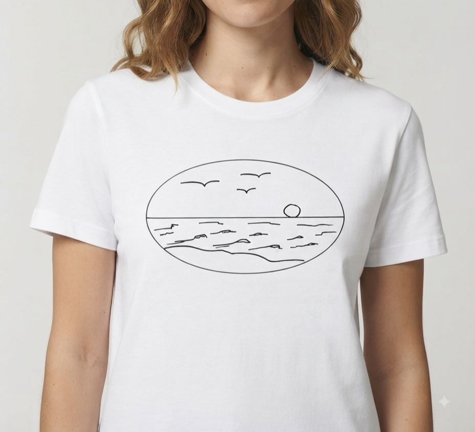 The full body photo view of a white organic cotton t-shirt featuring a black minimalist line-art graphic of an ocean horizon, seagulls, and a setting sun.