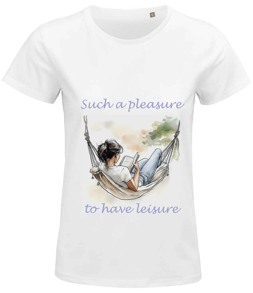 Front view of a women's t-shirt featuring a centered graphic artwork of a woman enjoying a book while relaxing in a hammock